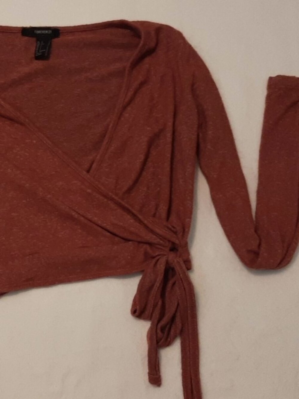 long-sleeve heathered rust wrap crop top with an adjustable side tie forever 21